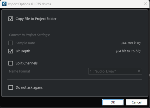 Afbeelding: Import Options dialoogvenster in Cubase